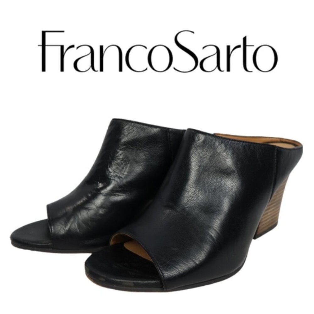 Franco Sarto Black Leather Open Toe Slide Sandals Block Wooden Heel - Size 8.5